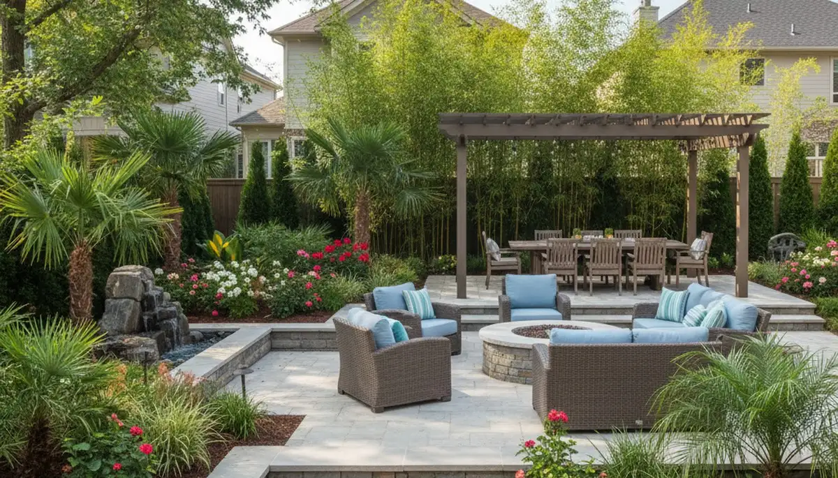 Backyard entertaining patio with lighting and privacy landscaping in Myrtle Beach SC by Chop Chop Landscaping