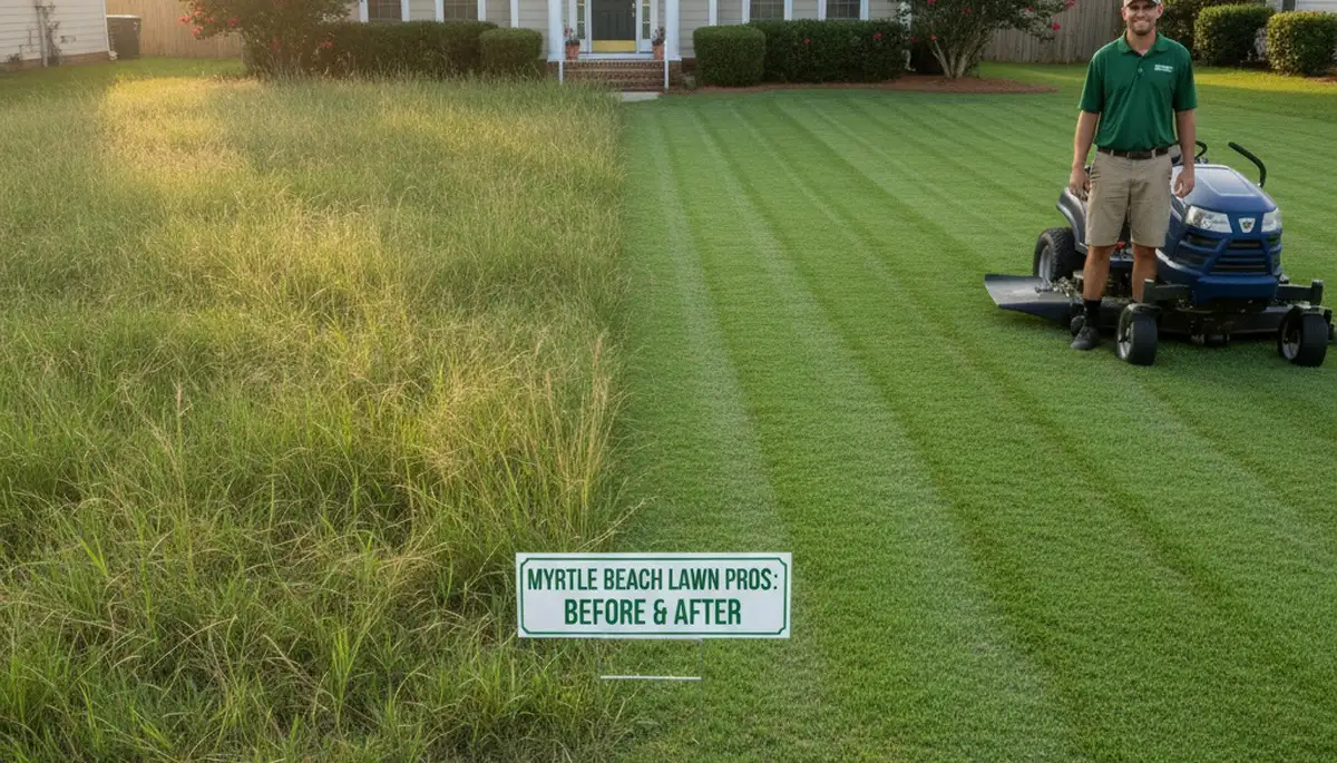 Before and after lawn mowing showing overgrown to manicured yard by Chop Chop Landscaping Myrtle Beach SC
