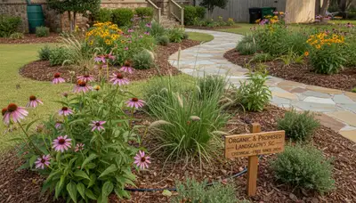 Lush organic landscape beds with natural mulch and native plants in Myrtle Beach, SC