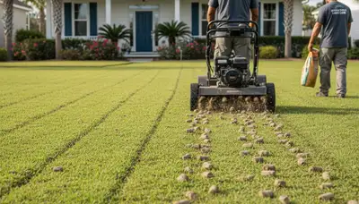 Technician performing lawn core aeration with soil plugs in Myrtle Beach SC for healthy grass care