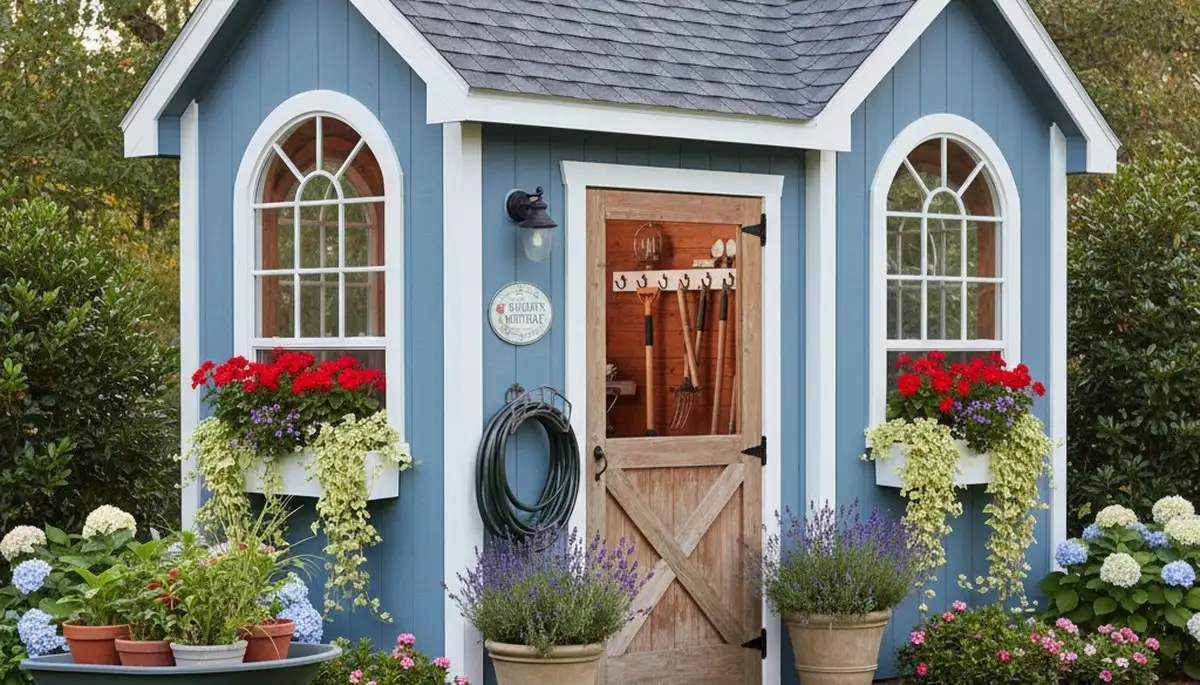 Decorative garden shed with lush landscape design by Chop Chop Landscaping in Myrtle Beach, SC