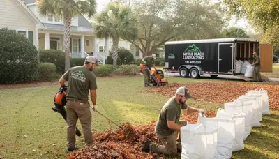 Landscapers performing fall leaf removal and yard clean up in Myrtle Beach, SC residential lawn