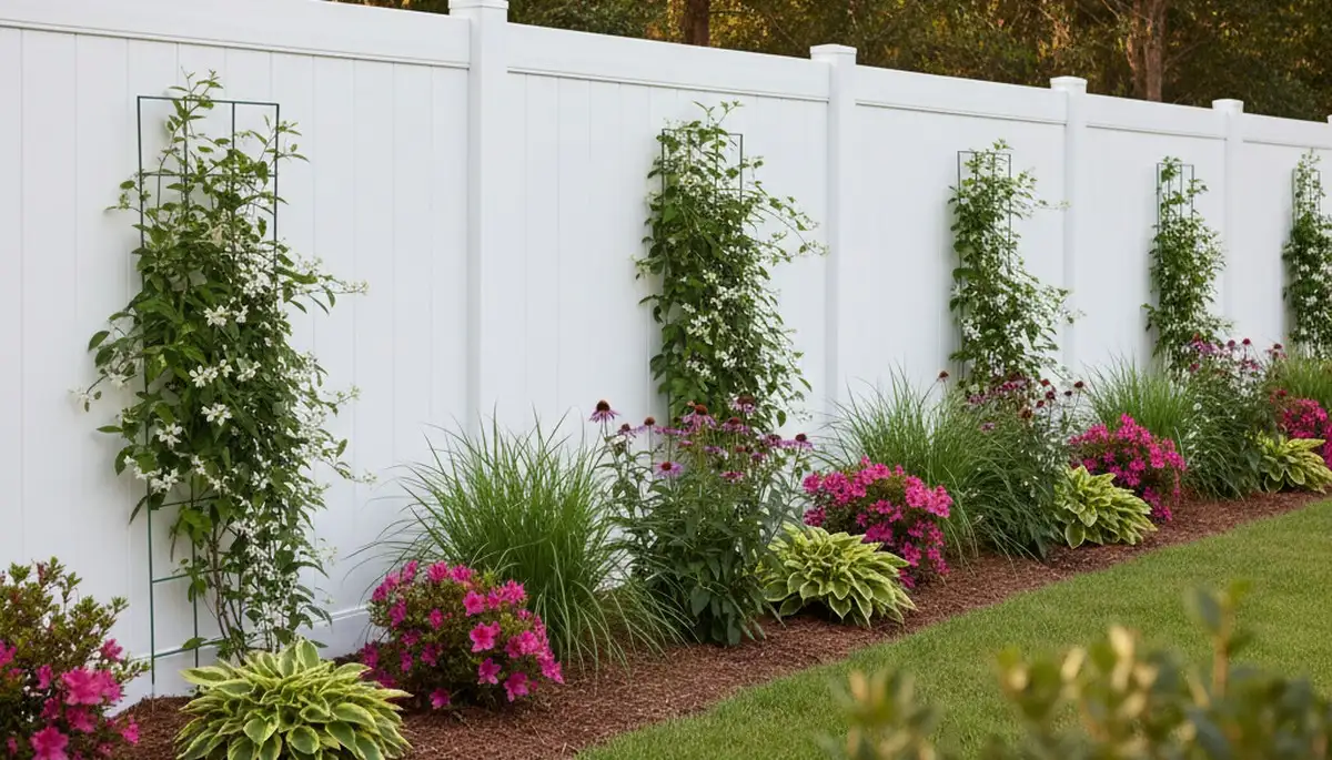 Professional wood fence with integrated landscape beds and climbing plants in Myrtle Beach, SC