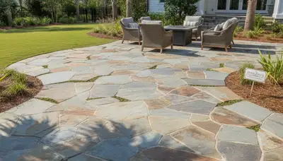 Flagstone patio installation with natural stone pavers by Chop Chop Landscaping in Myrtle Beach, SC