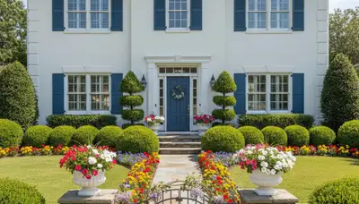 Front yard landscape design with colorful plants and shaped shrubs in Myrtle Beach, SC