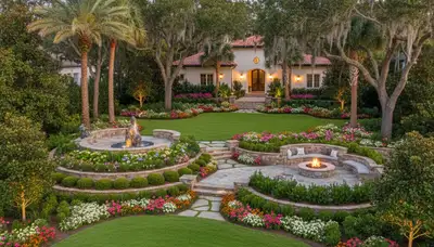 Full property landscape transformation with lush lawn, hardscape, and plantings in Myrtle Beach, SC