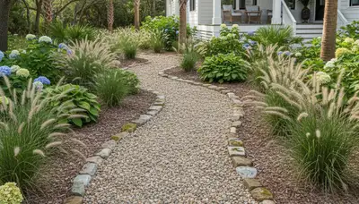 Pea gravel garden path with natural drainage by Chop Chop Landscaping in Myrtle Beach, SC