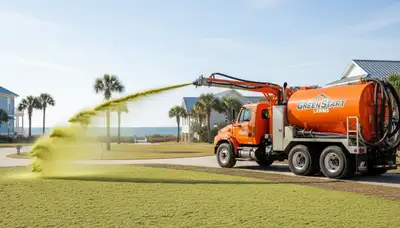 Hydroseeder truck spraying green slurry for professional landscaping in Myrtle Beach, SC