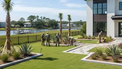 Myrtle Beach, SC landscaping team maintaining a residential lawn for professional lawn care service
