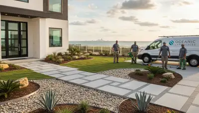 Myrtle Beach, SC landscaping crew providing professional lawn care for a local home exterior