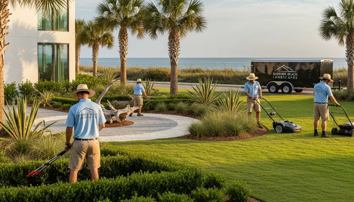 Myrtle Beach, SC landscaping team providing professional lawn care for a commercial property