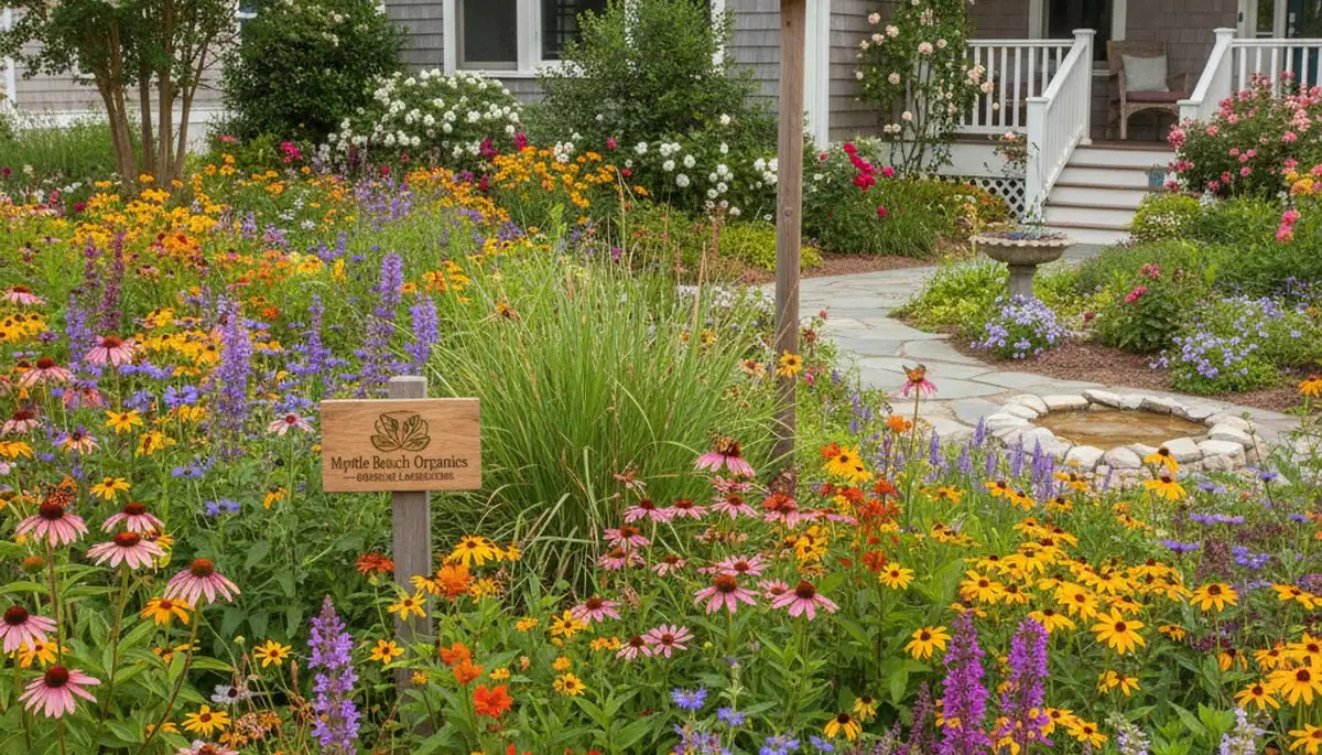 Colorful native pollinator garden with bees and butterflies by organic landscapers in Myrtle Beach, SC