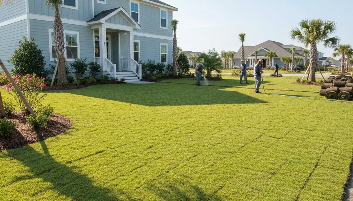 Freshly installed green sod lawn transformation by Chop Chop Landscaping in Myrtle Beach, SC