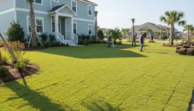Freshly installed green sod lawn transformation by Chop Chop Landscaping in Myrtle Beach, SC