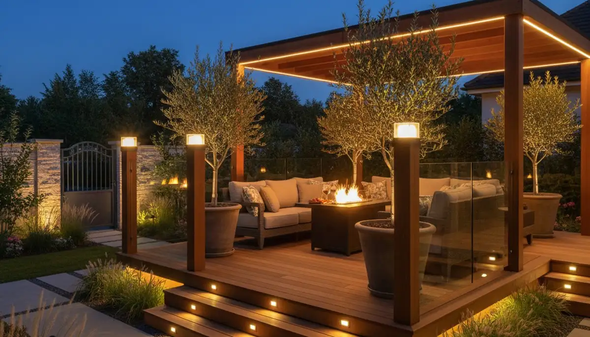 Illuminated deck and patio with landscape lighting by Chop Chop Landscaping in Myrtle Beach, SC