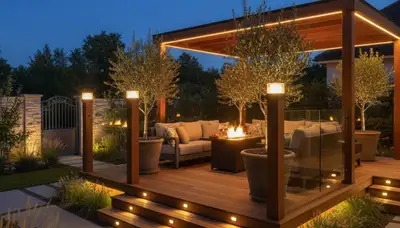Illuminated deck and patio with landscape lighting by Chop Chop Landscaping in Myrtle Beach, SC