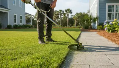 Technician edging lawn with string trimmer in Myrtle Beach SC, showcasing precise lawn maintenance work
