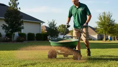 Lawn care technician fertilizing residential grass with spreader in Myrtle Beach, SC by Chop Chop Landscaping