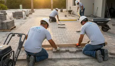 Professional crew installing driveway pavers in Myrtle Beach SC with precise base prep and leveling