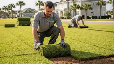 Professional landscaper laying sod rolls with precision in Myrtle Beach, SC lawn installation