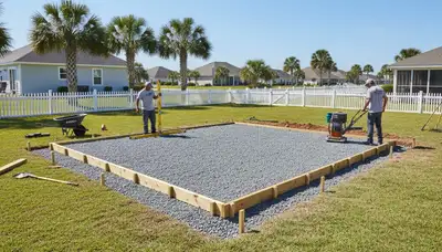Professional shed foundation preparation with gravel base and drainage in Myrtle Beach SC landscaping