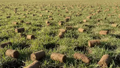 Close-up of lawn aeration soil plugs on healthy grass in Myrtle Beach, SC by Chop Chop Landscaping