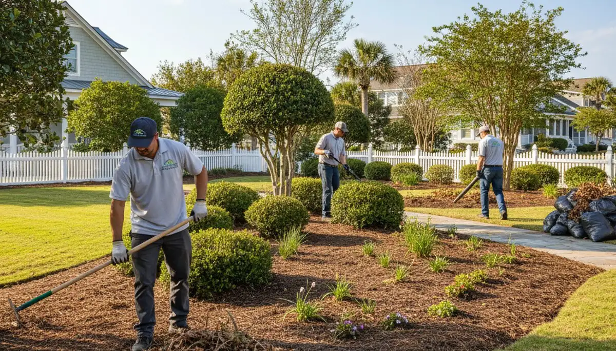 Spring yard clean up at Myrtle Beach SC home with cleared beds and pruned shrubs by Chop Chop Landscaping