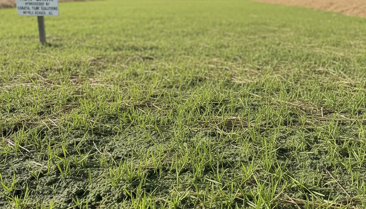 New grass seedlings sprouting from hydroseeded lawn in Myrtle Beach SC by Chop Chop Landscaping