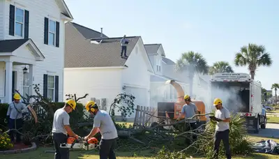 Landscaping crew clearing storm debris and fallen branches from a Myrtle Beach, SC residential yard
