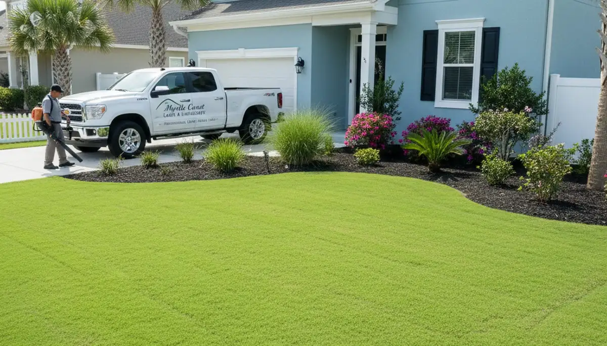 Lush manicured lawn at Myrtle Beach home showing professional lawn maintenance by Chop Chop Landscaping