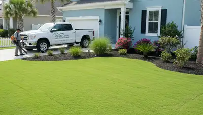 Lush manicured lawn at Myrtle Beach home showing professional lawn maintenance by Chop Chop Landscaping